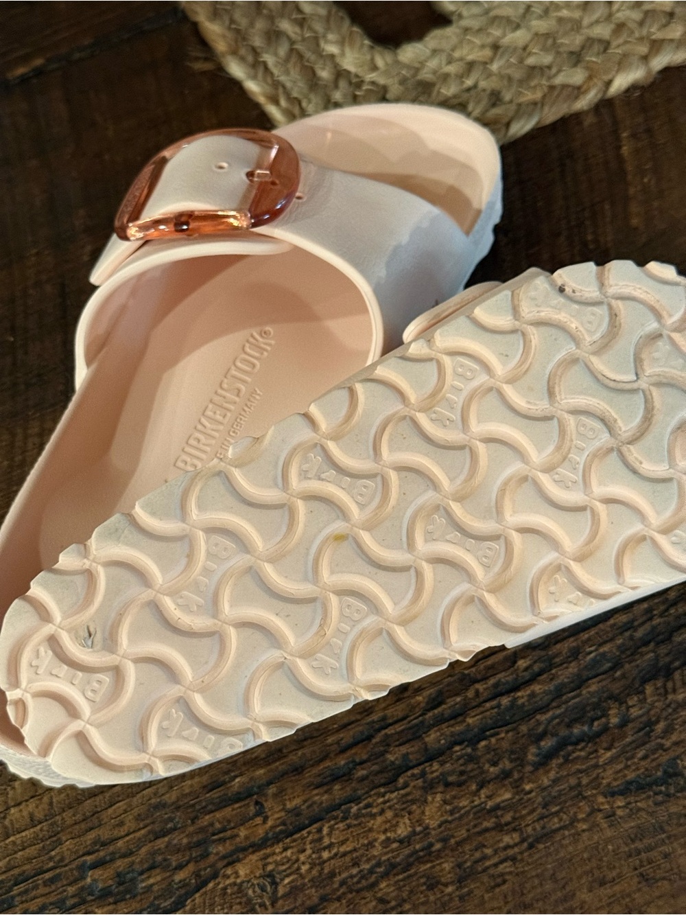 Birkenstock Women’s Madrid EVA Slide in Pale Pink with Rose Gold Buckle
